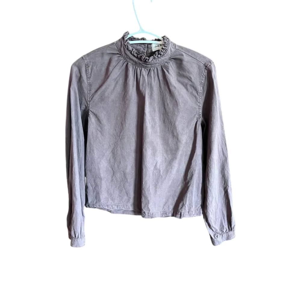 Anthropology Cloth & Stone Ruffle Neck Long Sleeve Blouse in a muted cocoa brown